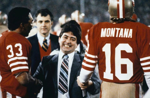 San Francisco 49ers Eddie Debartolo Jr. congratulates quarterback #16 Joe Montana and running back #33 Roger Craig after the 49ers defeated the Miami Dolphins to win super bowl in 1985. (AP Photo)